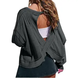 Womens Open Back Workout Tops Sexy Backless Long Sleeve Athletic Shirt Running Crop Top Gym Yoga Tee