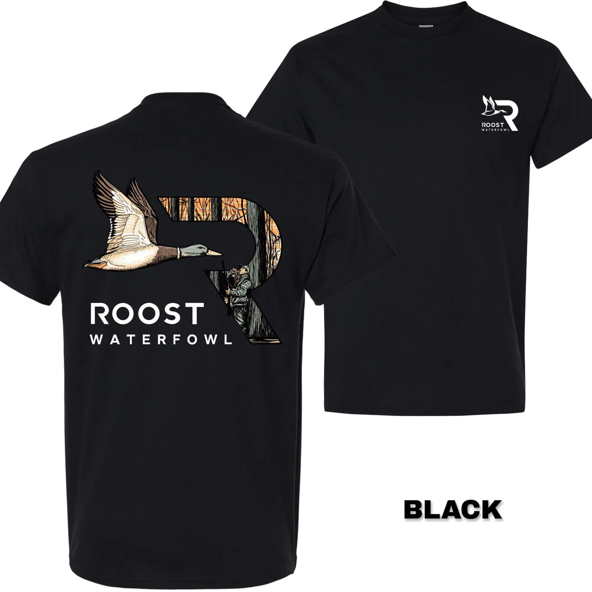 Roost Waterfowl Duck Hunting T-Shirt Double Sided Print Mallard Fly Graphic Tee for Men and Women, Made of Cotton with Short Sleeves, Suitable for Outdoor Activities, Casual Daily Wear, and Hunting