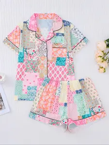 Women's Floral Printed Sleepwear Loungewear Set, Short Sleeve Button-Up Shirt & Elastic Shorts, Casual Home Wear, All Seasons