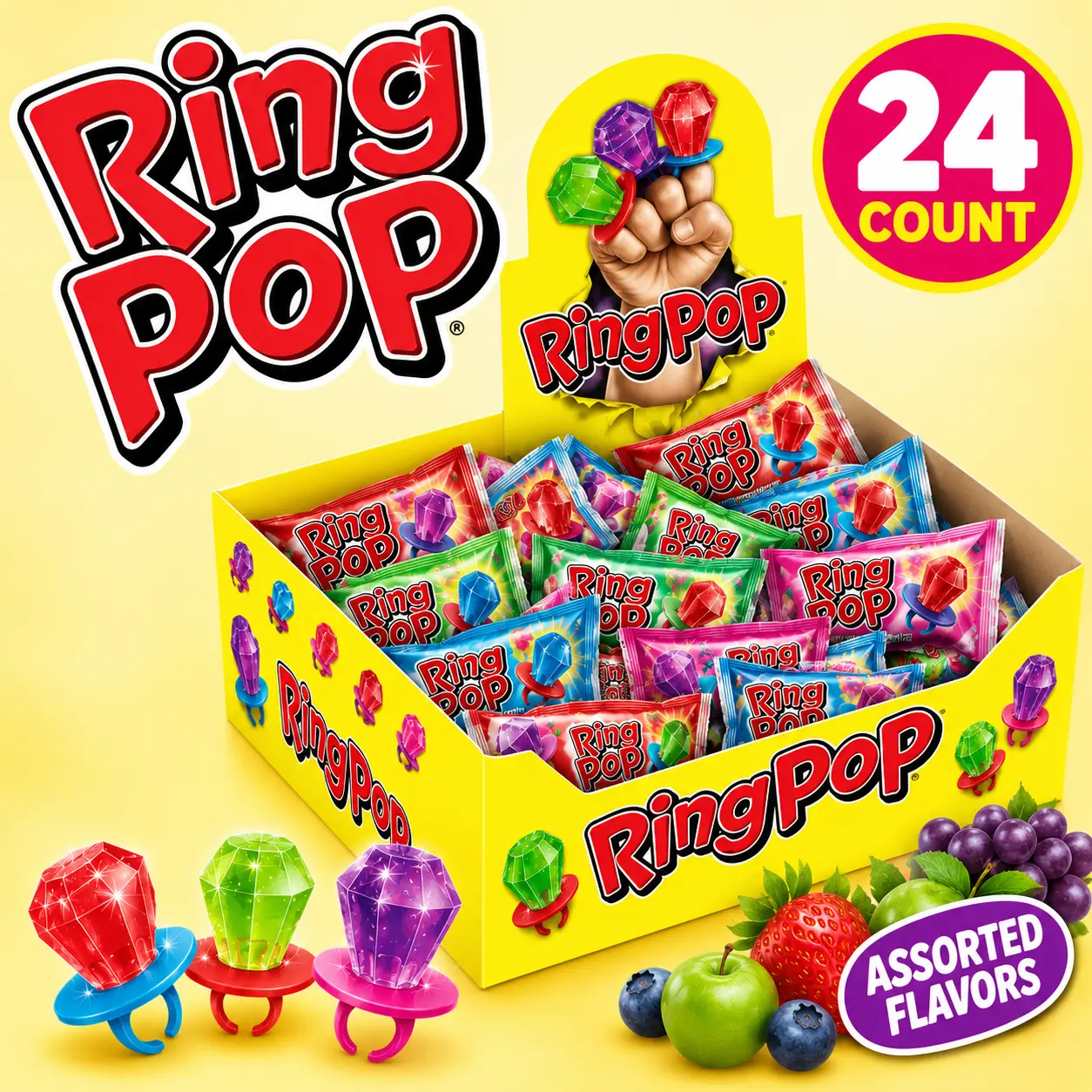 Ring Pop Assorted Gem Candy Pops 24 Count  Assorted Fruit Flavored Wearable Lollipops | Party Favors, Goodie Bags & Fun Treats