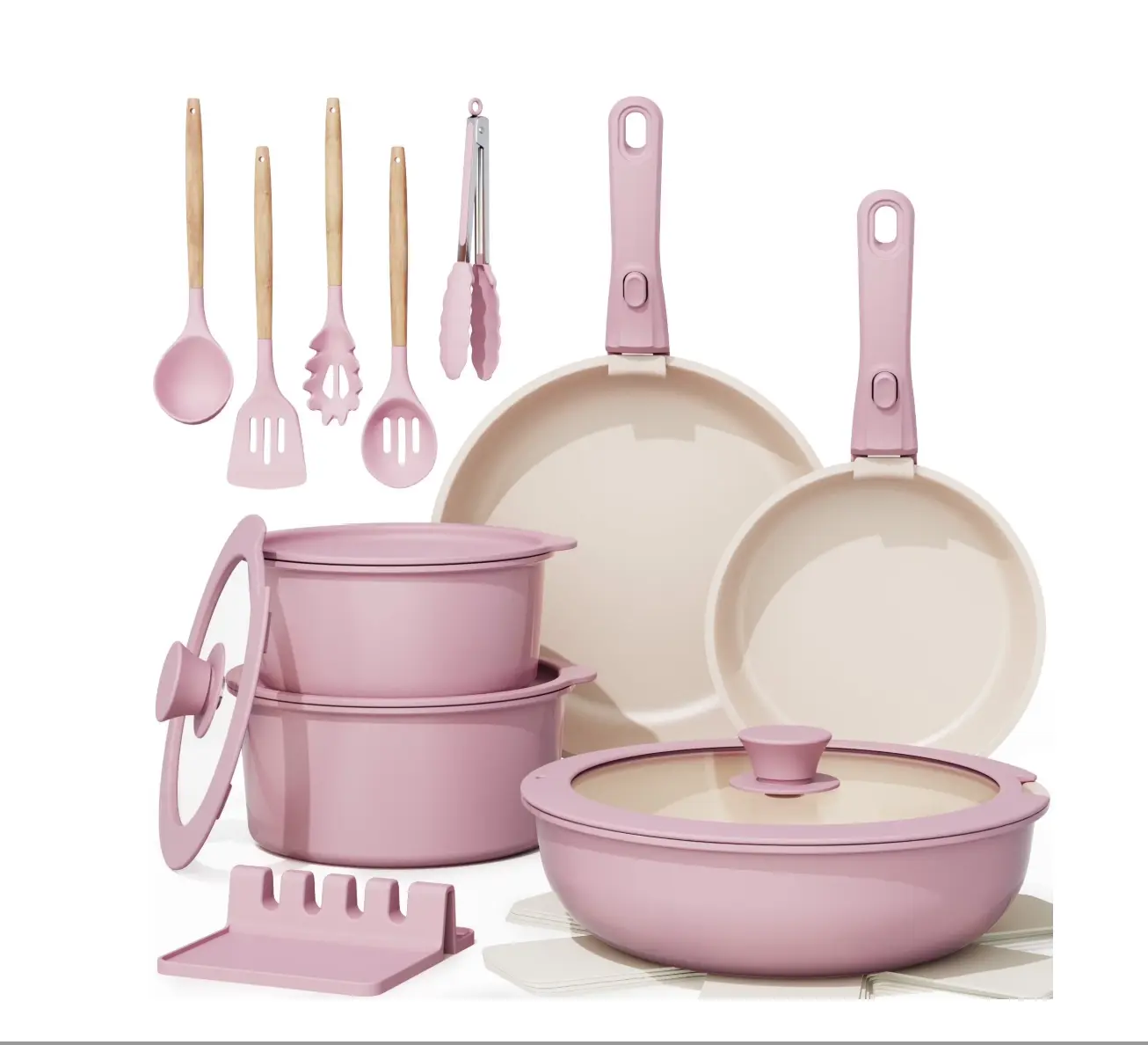 Astercook 20-Piece Ceramic Cookware Set with Detachable Handles, Nonstick Pots & Pans, Oven Safe 480°F, Induction Ready, Stackable RV Kitchen Set, Pink