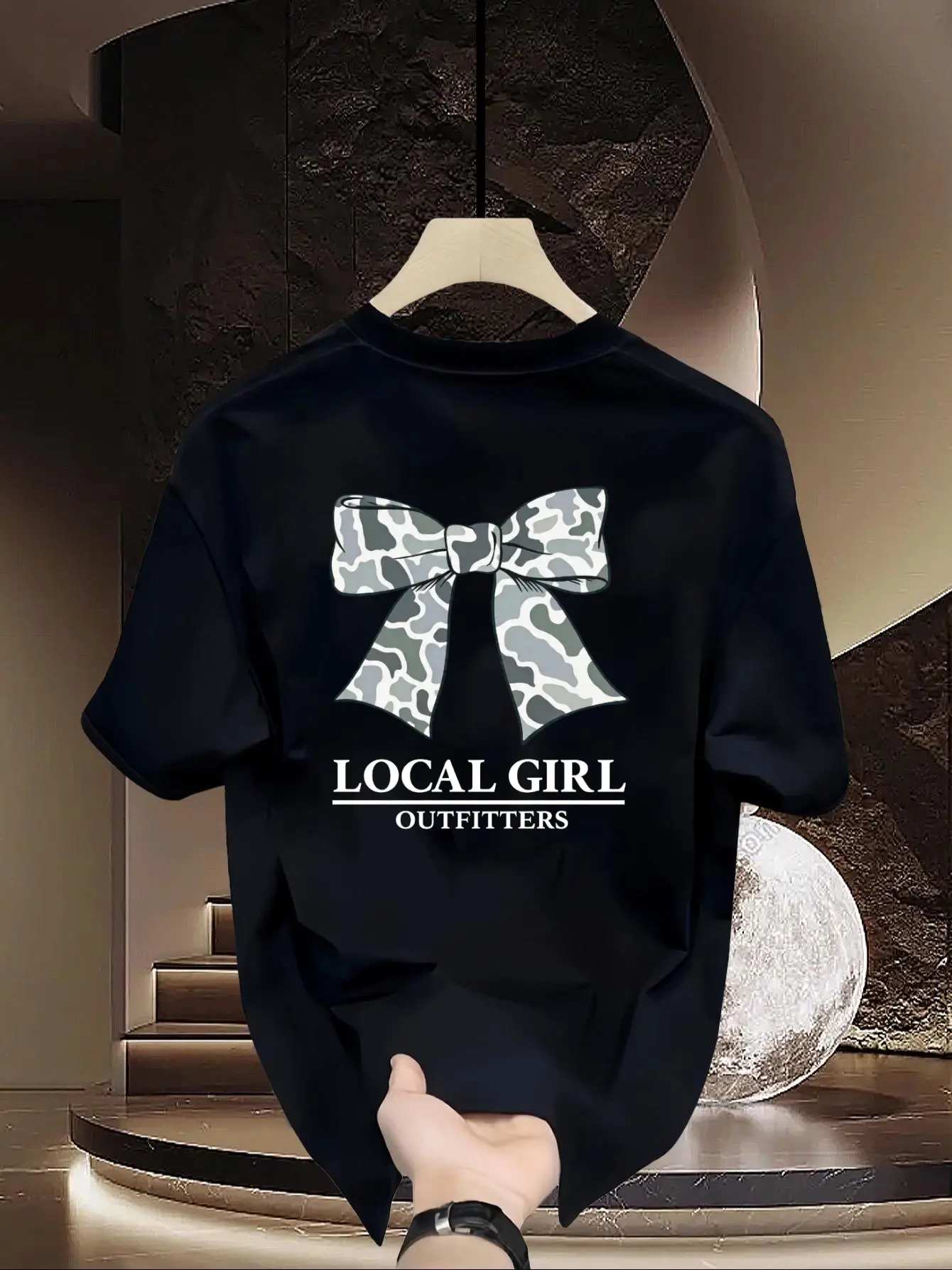 Women's Oversized Camo Bow Shortsleeve Tshirt - Local Girl Outfitters Round Neck Blue Camo Graphic Top, Casual Sports Tops for Fall Rodeo