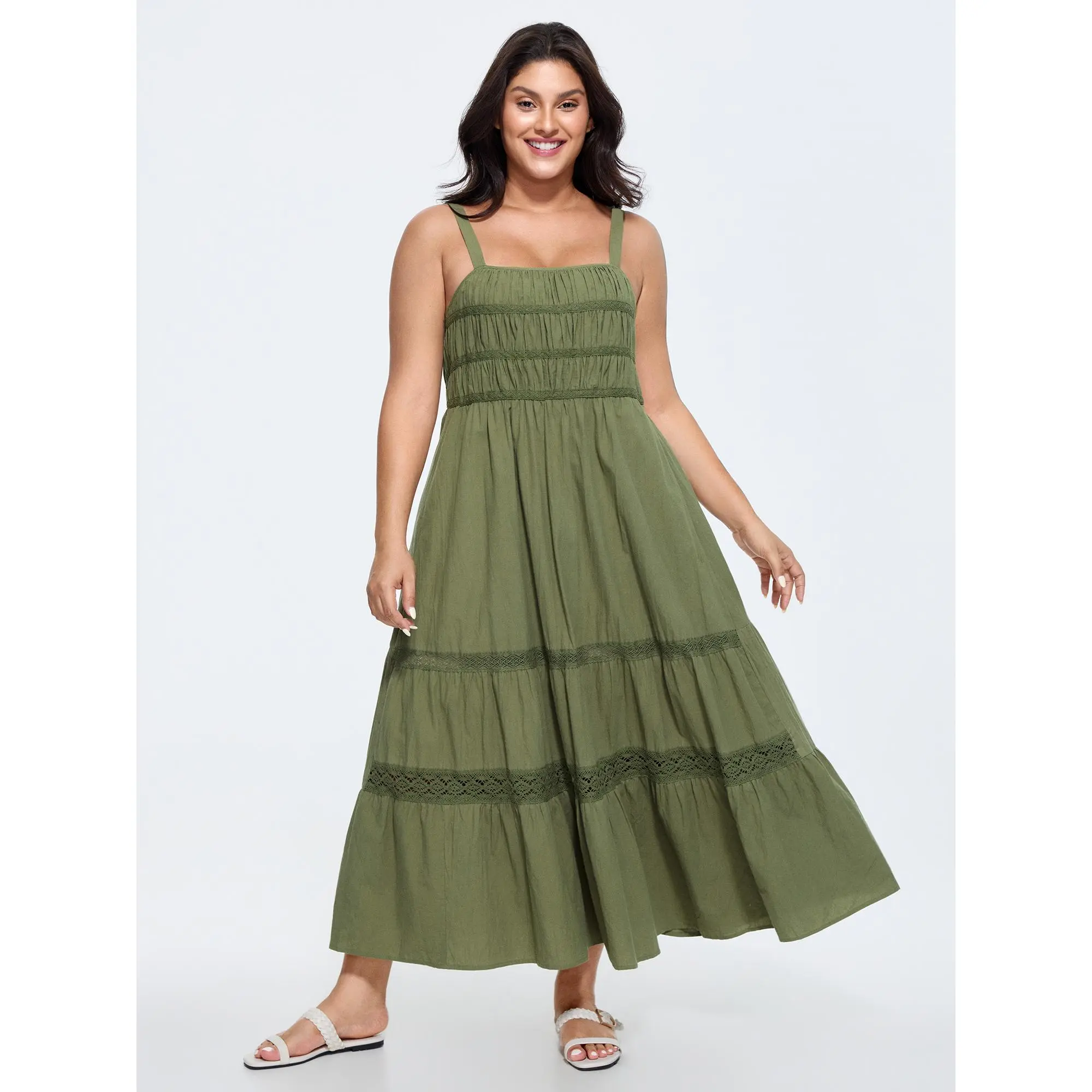 BloomChic Women's Plus Size (1X-6X) Curvy Moss Sleeveless Square Neck Tiered Lace Accent A-Line Maxi Dress - Soft Cotton, Iron-Smooth Finish, Side Pockets, Pull-On, Modest Princess Aesthetic, Casual Brunch/Resort Wear, Cool Iron, Hand Wash Only