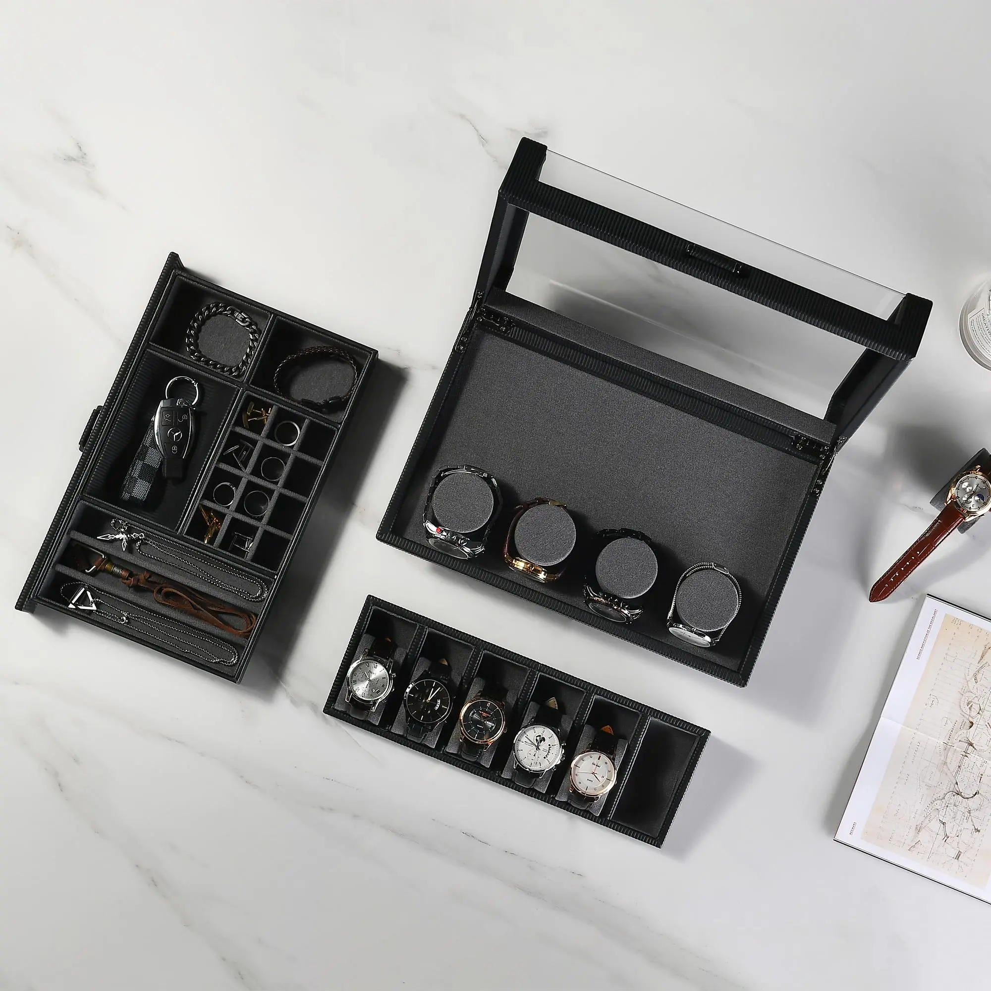 Personalized Men's Watch Box with Drawer - Watch Display Case for 10 Watches, Valet Box with Cufflink Storage, Leather Anniversary for Him