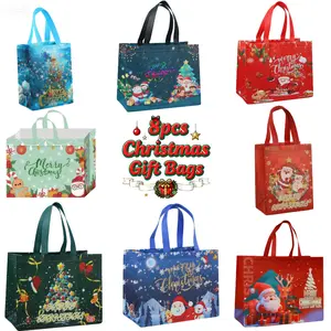 Big Christmas Bags - 8 Festive Styles Set of 3 Reusable Holiday Tote Bags for Gifts and Party Favors Premium Non-Woven Fabric Versatile Christmas Decorations and Wedding Keepsakes Unisex
