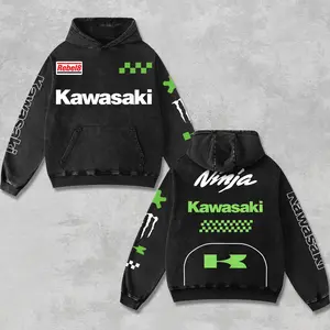 Retro Green Kawasaki Ninja Racing Hoodie Washed Black, MotoGP World Championship Enthusiast, Motorcycle Off Road Dirt Bike Graphic Streetwear, Heavyweight Biker Sweatshirt, Retro Moto Gear Motorbike Apparel Men’s Aesthetic Y2K Racing Jacket Style