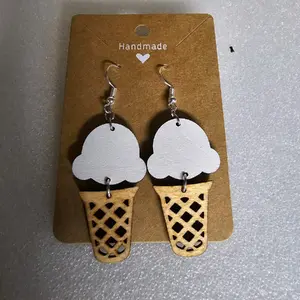 Handmade Wood Ice Cream Cone Earrings.