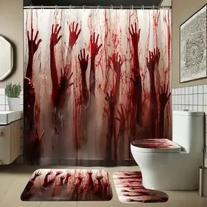 4pcs Halloween bloody hands, Gothic shower curtain, horror, spooky, struggle, shower curtain set, non-slip floor mat, U-shaped carpet, toilet cover, Bathroom accessory, 12 shower curtain hooks