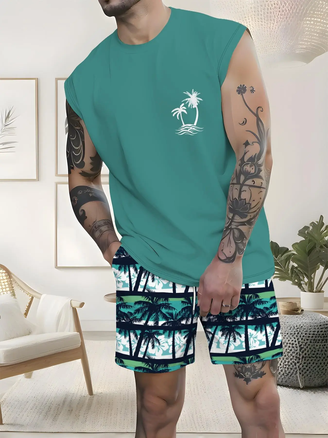 Men's Sleeveless Tropical Printed Beach Shorts Set, Summer Cool Casual Sports Wear Menswear, Breathable Comfort Couple Swimwear Matching Sets