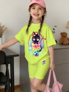 Girls Summer Set New Fluorescent Cartoon Milk Tea Cat Print Short Sleeve T-Shirt + Cycling Shorts Two-Piece Casual Streetwear Outdoor Clothing