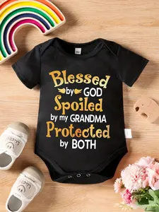 Casual Summer Short Sleeve Baby Romper Onesie, MILKYSHIP, Polyester, Alphabet Print, Knit Fabric, with Applique for Newborn, for Outdoor "Blessed by GOD”
