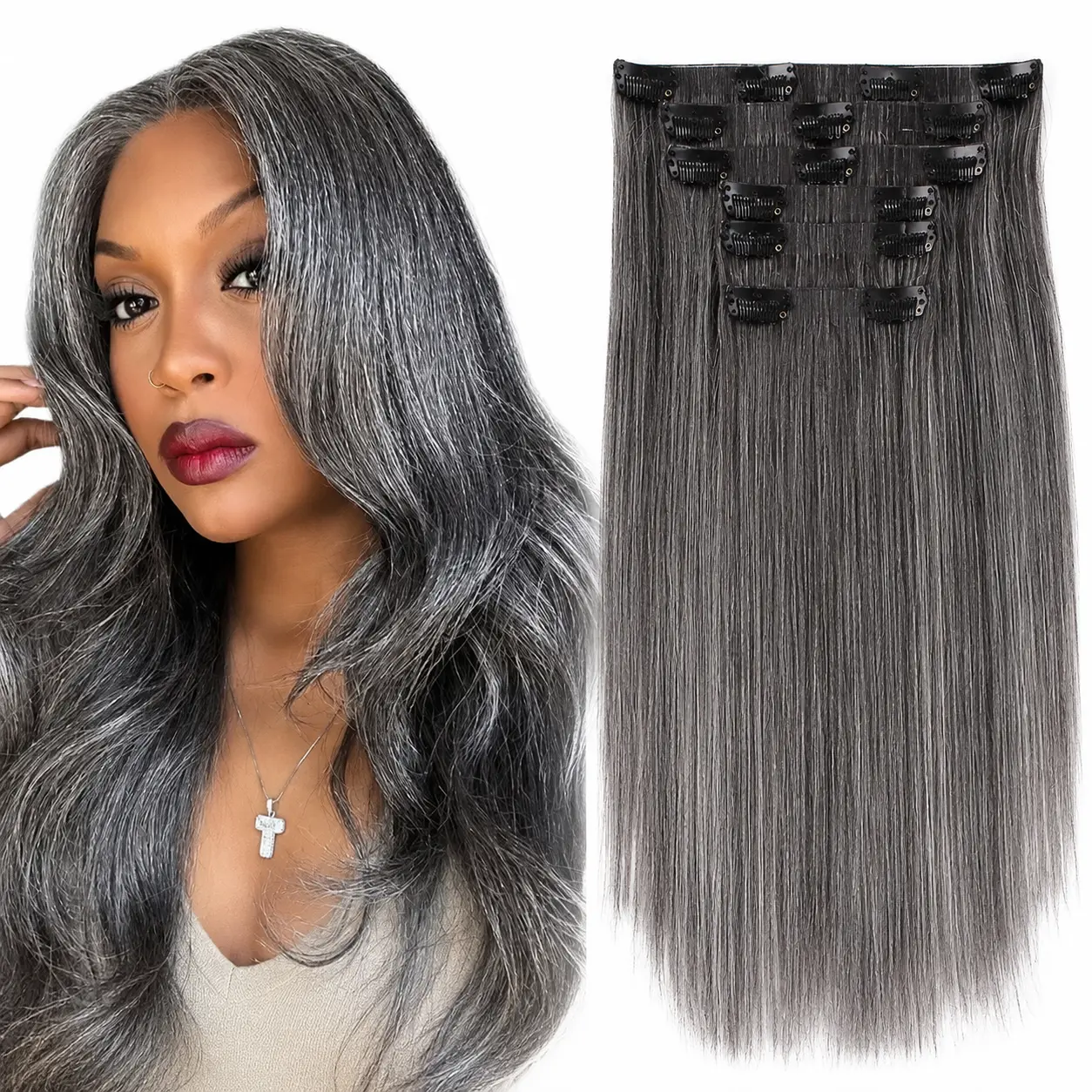 Salt and Pepper Seamless Clip ins Hair Extensions Human Hair Silky Straight PU Clip in Hair Grey Highlight Hair 7pcs /set Full Head for Women