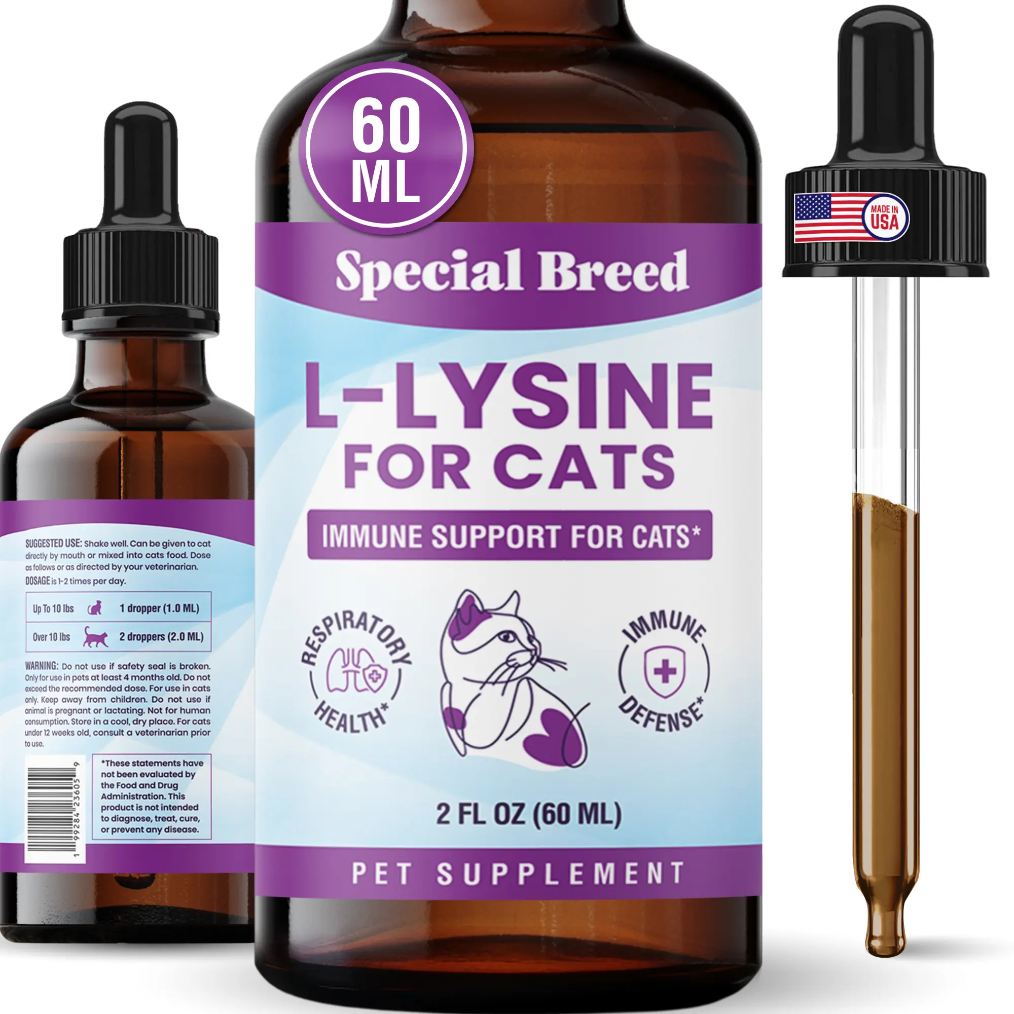 Special Breed L-Lysine Liquid Cat Supplement Bottle - Single Item, Immune Booster, Respiratory Health & Eye Care Aid - 2oz (60mL) Syrup with Burdock, Astragalus, Atractylodes, Dangshen, Vitamins A,B1,B2,B6 - 24-Month Shelf Life, Syrups