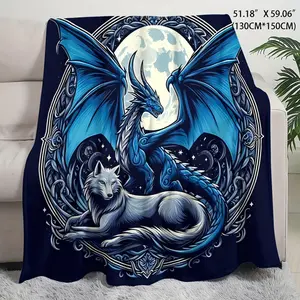 A Mysterious Ice Dragon And Wolf Plush Printed Blanket - 1Pc Of Modern Style, Machine Washable, All-Season Comfort, Digitally Printed Polyester Bedding, Simple Theme Decoration, Knitted Lightweight Fabric, Ideal Gift