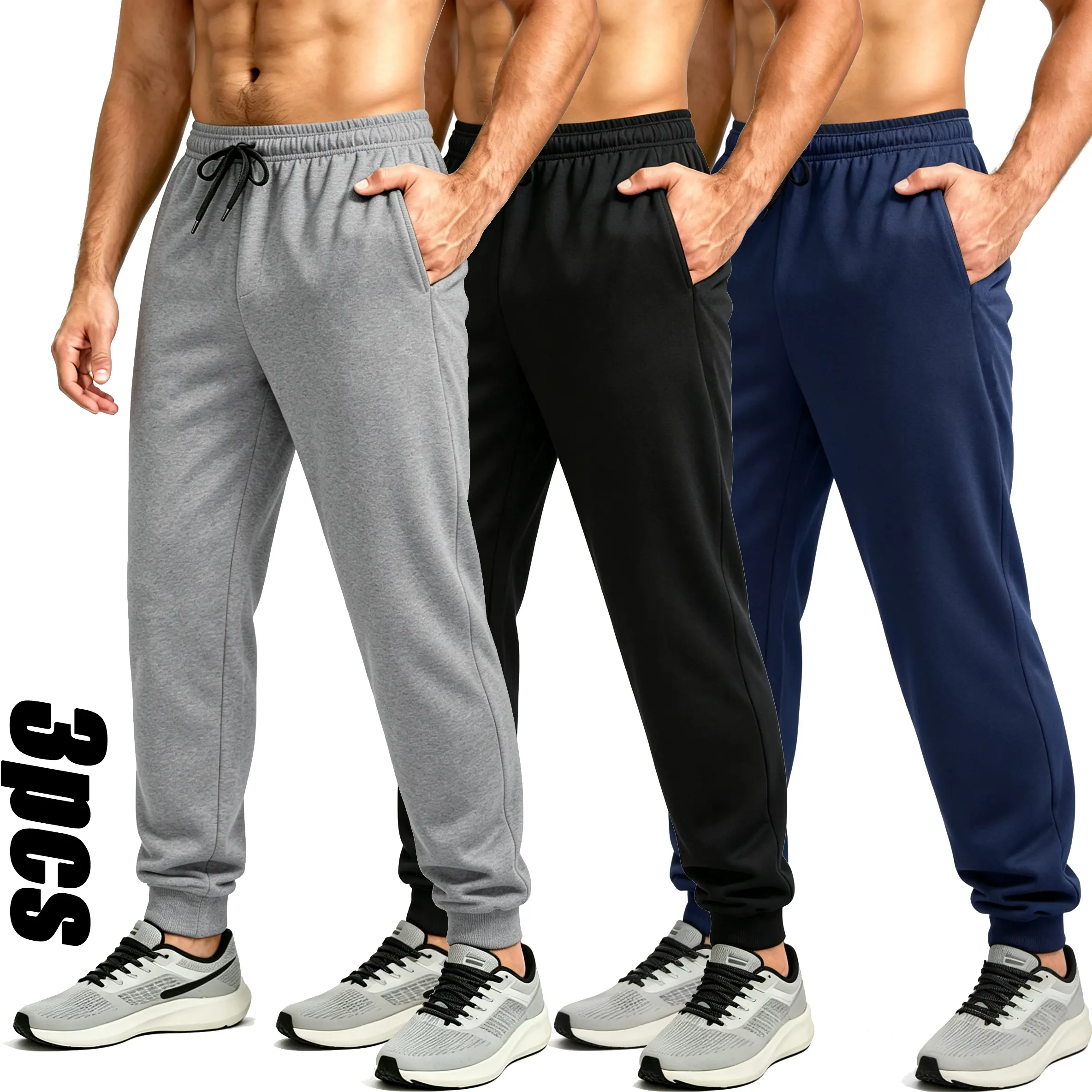 Men's Tapered Knit Joggers - Basic Solid Athletic Sweatpants with Pockets, Mid Waist, and Drawstring, Universal, Knitting, European/American Minimalist, Anti-Pilling Knit Fabric, Elastic Waistband, Heather Gray, Male, Minimalist Design, Black+Heather Gray