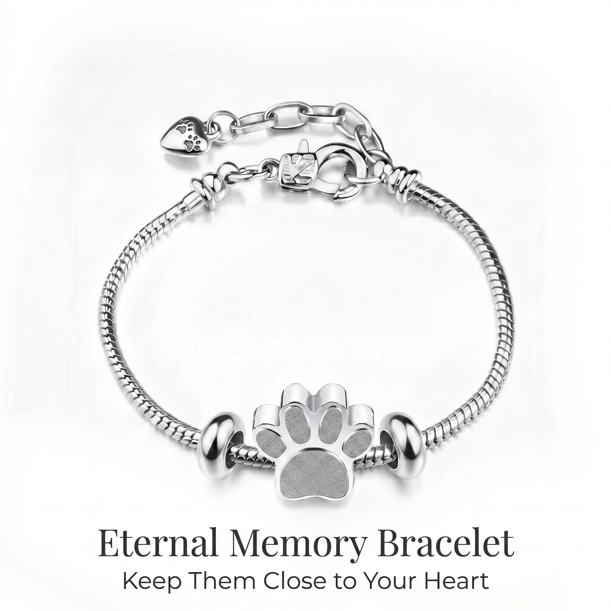 Paw Print Charm Fashion Bracelet, Memorial Keepsake with Small Urn for Ashes, Pet Commemoration Jewelry Gifts, Ash Storage, Paw Motif, Animal