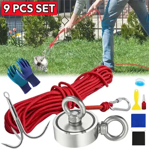 9 in 1 Heavy Duty Magnet Fishing Set, 800lbs Double Sided N52 Neodymium Magnet D67mm, Complete Kit with Rope Hook Gloves for Metal Detecting