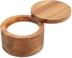 Acacia Wood Salt Cellar Bowl Box, Elegant Kitchen Holder Container with Swivel Magnetic Lid to Store Favorite Seasonings Pepper Spice or Bath, 6oz