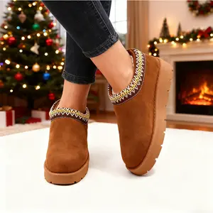 Women's Briaded Platform Slippers Mini Ankle Boots Suede Fuzzy Faux Fur Fleece-Lined Footwear Round Toe Slip-on Girl Cozy Winter Warm Comfortable Anti-slip House Indoor Outdoor Casual Shoes for Daily Wear