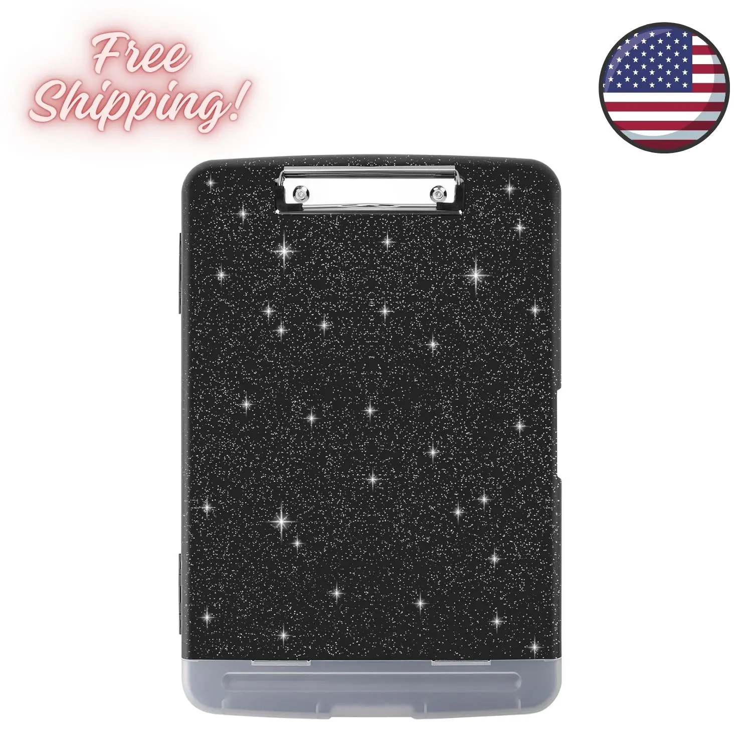 Glitter Clipboard with Storage and Pen Holder, A4 8.5x11 with Low Profile Clip Black