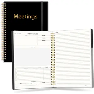 Half Meeting Half Note 7"x10" Notebook for Work - 140 Pages, B5 Size Project Planner for Women&Men, Minutes Organizer for Meeting Notes, Ideas for Office/Business, PVC  Cover, Black