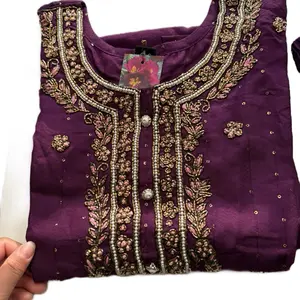 Three Pieces Kurtha Deep Purple with Embroidery Work, Adjustable Fit, Comfortable Design for Women's Wear, Perfect for All Occasions - Womenswear, Skirts, Bottom