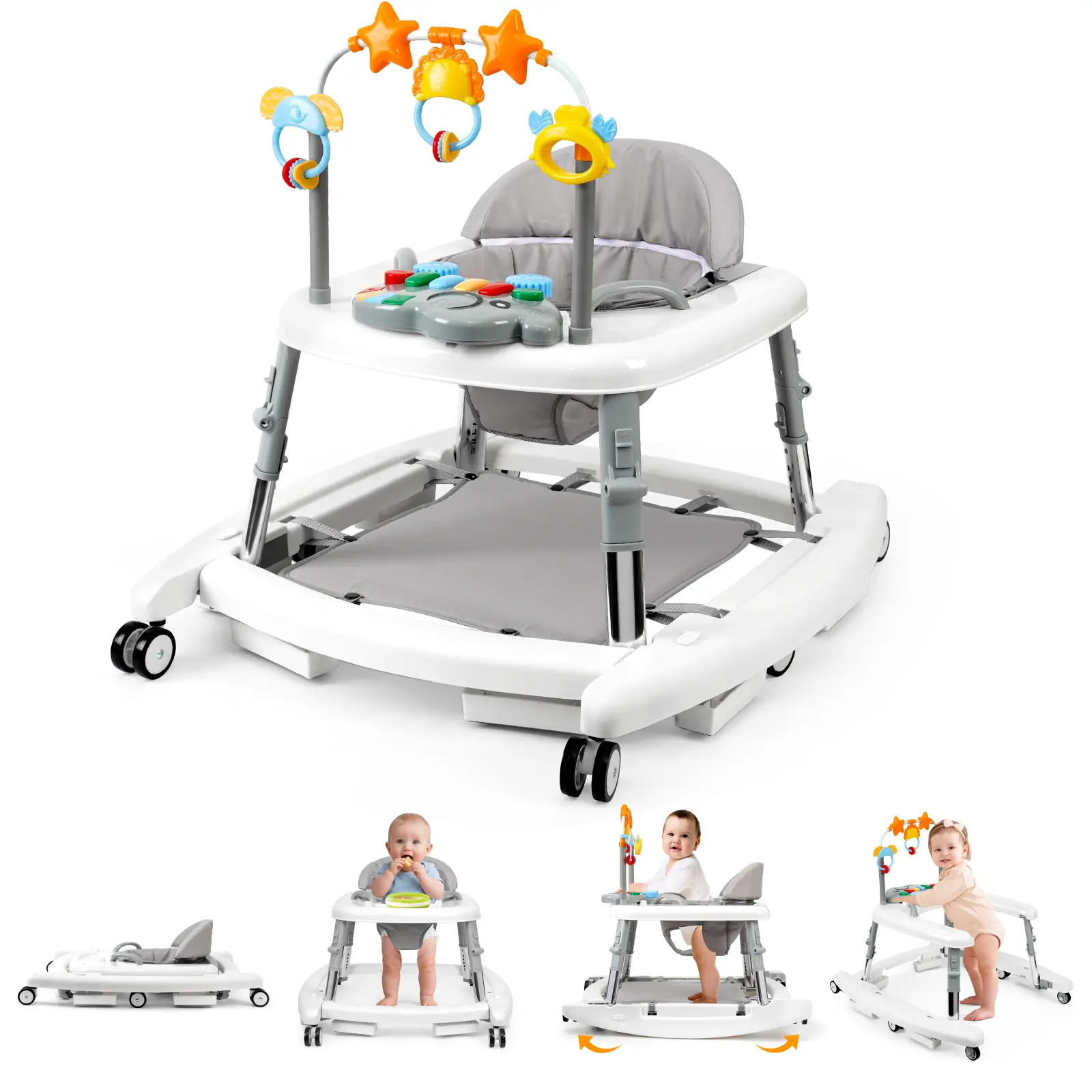5-in-1 Baby Walker for 6-18 Months Infants, Foldable & Adjustable Activity Walker with Bouncer, Music, Feeding Tray & Removable Footrest for Boys & Girls Summer Sale
