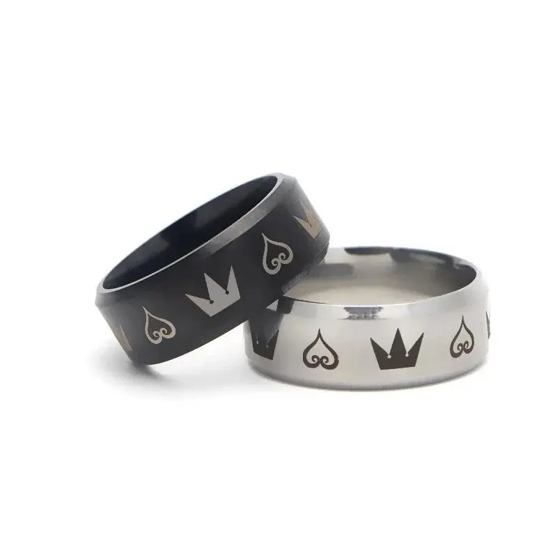 Alternative Fantasy Couple Rings in Black & Silver Titanium Steel - Crown & Heart Jewelry with Symbolic Motifs, Hypoallergenic Meaningful Gift Ideas for Men & Women