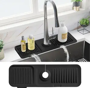 17.7 Inch Faucet Mat for Kitchen Sink Splash Guard Behind Faucet, Sink Protectors for Kitchen Sink Faucet Mat Splash Guard for Kitchen Sink Area, Long Silicone Faucet Guard Draining Mat, Black