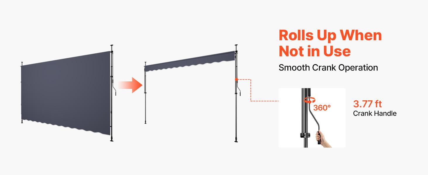 VEVOR Manual Retractable Awning, 157" Outdoor Retractable Patio Awning Sunshade Shelter, Height Adjustable Patio Door Window Canopy with Manual Crank Handle for Backyard, Garden, Balcony, Dark Gray