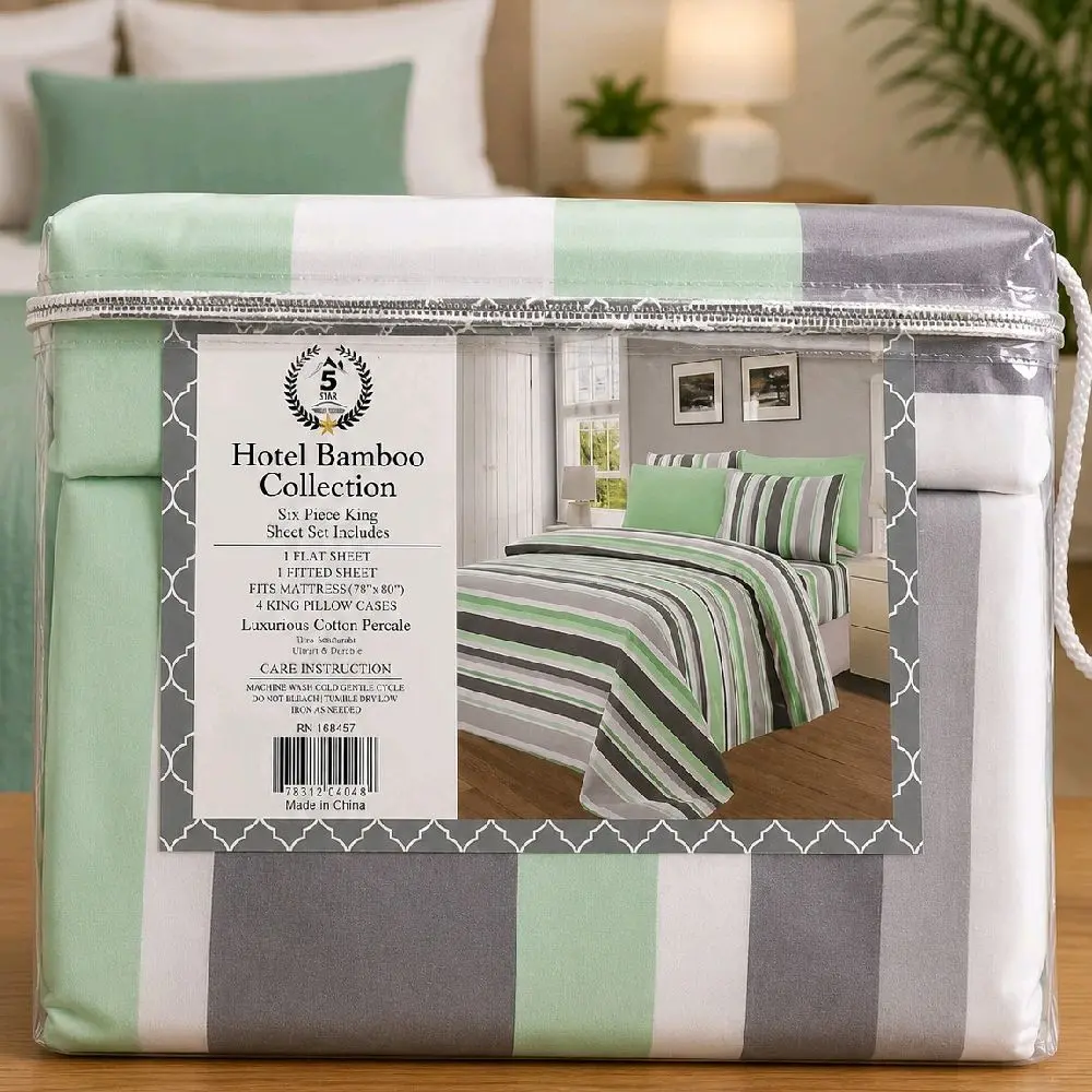 Hotel Bamboo Collection 6-Piece King Bedsheet Set | Soft Luxury Bedding | Mint Green, Gray & White