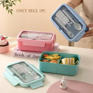 1pc New Divided Plastic Bento Box, Microwave-Safe Lunch Box for Students & Office Workers, Leak-Proof Salad Container with Utensils, Food Storage Box