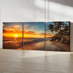 3Pcs Wooden Framed Canvas Painting, Tropical Beach Sunset Palm Trees Ocean Scene, Exquisite Poster, Home Decoration, Pattern Wall Art Decor, For Living Room, Bedroom, Office, Restaurant, Bar Wall Decor, Odorless, Painting, Print Artwork.