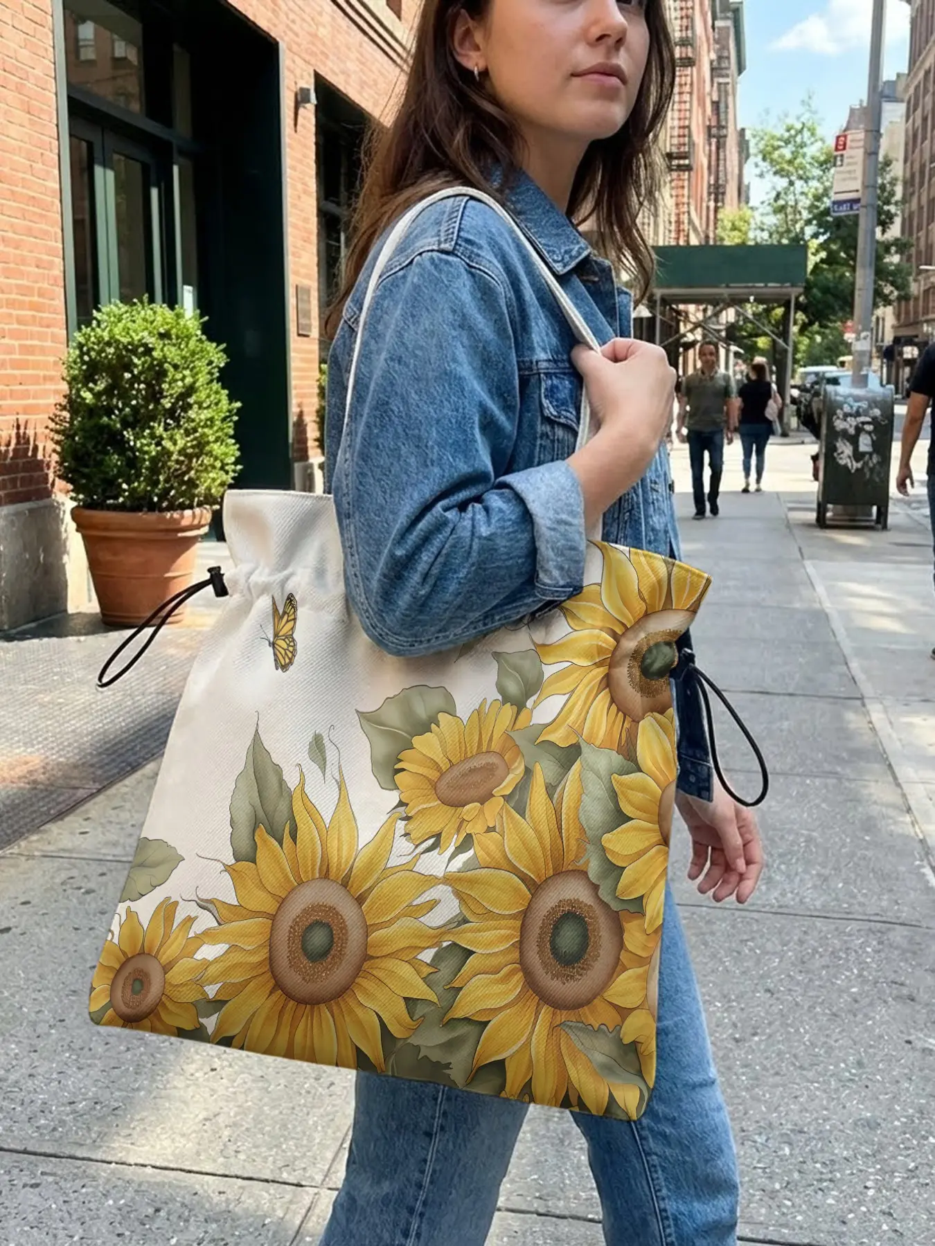 Sunflower Pattern Drawstring Tote Bag, Reusable Tote, Large Capacity Shopping Bag, Durable and Wear-Resistant, Casual Style for Work, Shopping, Picnic, Trendy Tote Bag