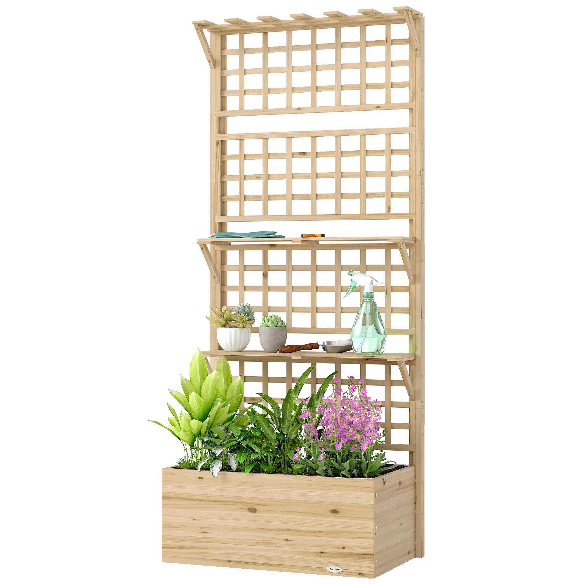 Natural Wooden Raised Garden Bed with Trellis, Roof, 2 Shelves, Drainage Hole, and Liner – Elevated Planter Box for Home Garden Improvement