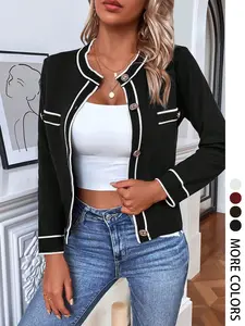 Women's Contrast Binding Fake Pocket Button Front Cardigan Without Crop Top & Necklace, Casual Long Sleeve Round Neck Cardigan, Women's Knitwear For Spring & Fall