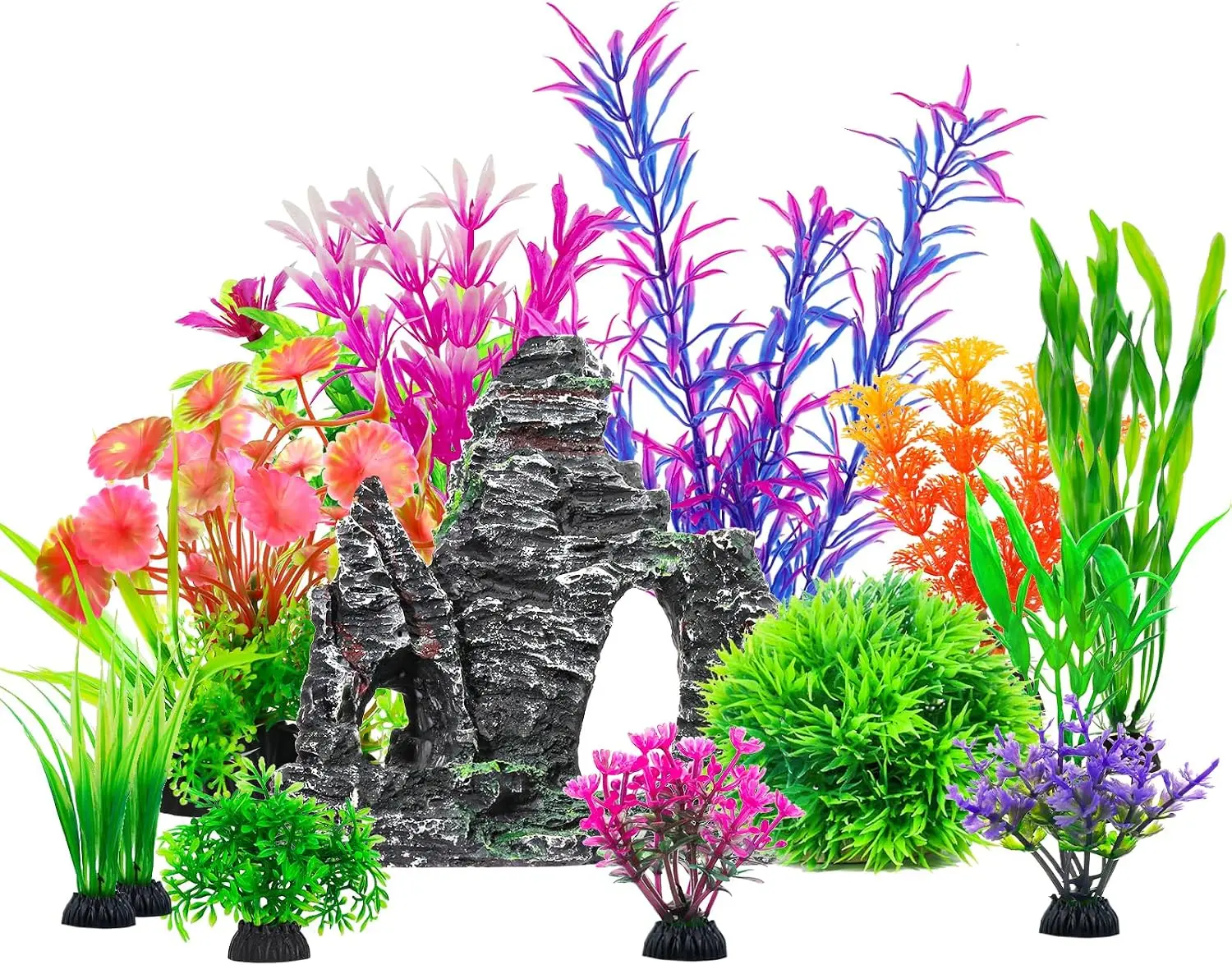 13-Piece Aquatic Plant Pack & Artificial Rock Cave Aquarium Decor Set, Pet Supplies with Mimetic Natural Look, 2.4-Inch to 8.6-Inch High Medium Aquarium Plants, Easy-to-Clean for Goldfish Tanks’ Clean Living Environment