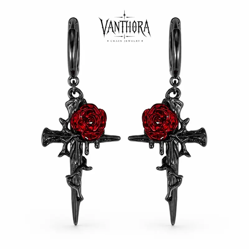 [VA RA] Black & Red Rose Spike Cross Dangly Earrings - Gothic Punk Y2K Statement Jewelry with Black Thorn Detail, Fashionable Accessories for Women, Men's Earrings, Christmas Gifts, Daily Wear，halloween jewelry