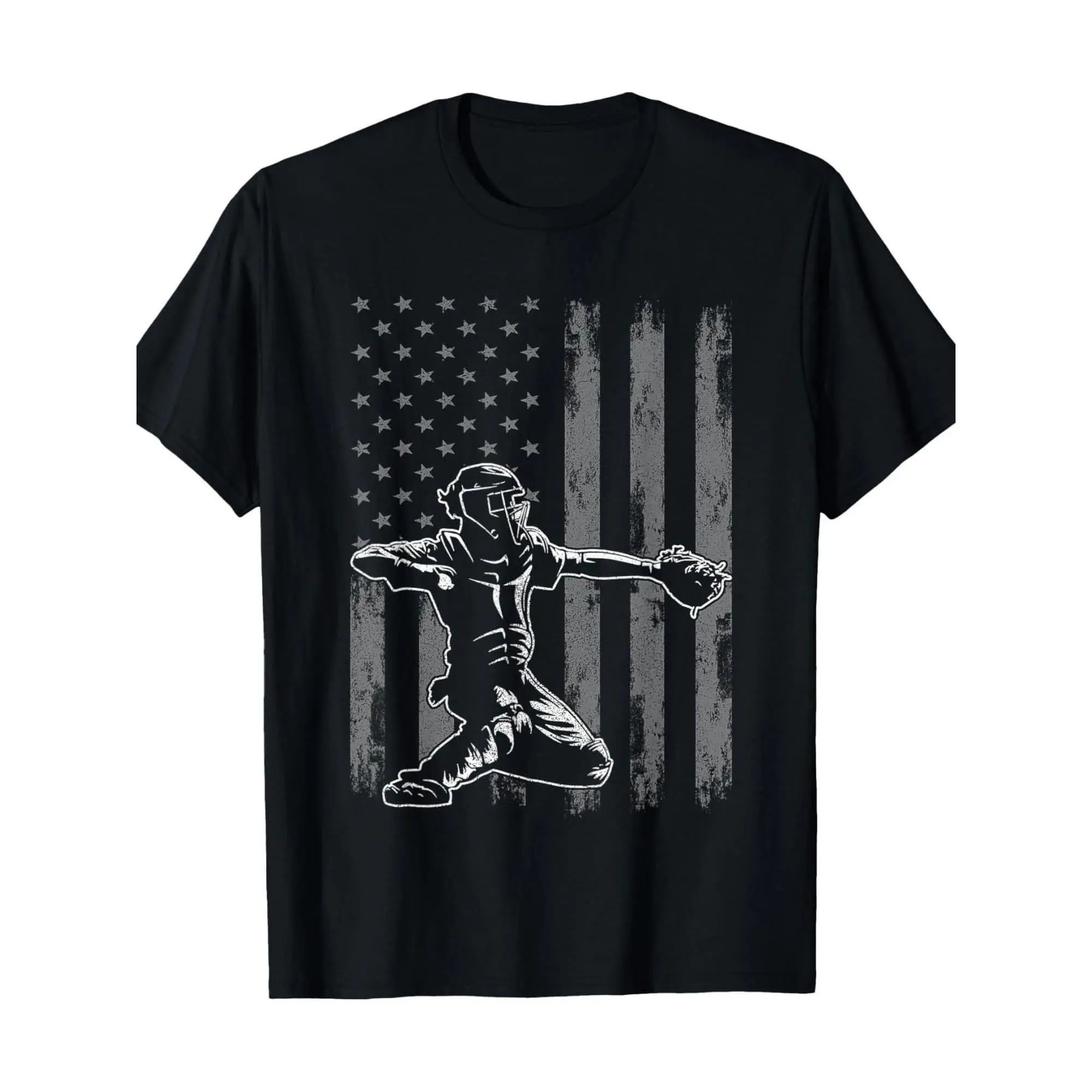 Cotton Short Sleeve  T-Shirt Baseball Catcher Shirt For Men, Baseball USA Flag T-Shirt 100% Cotton