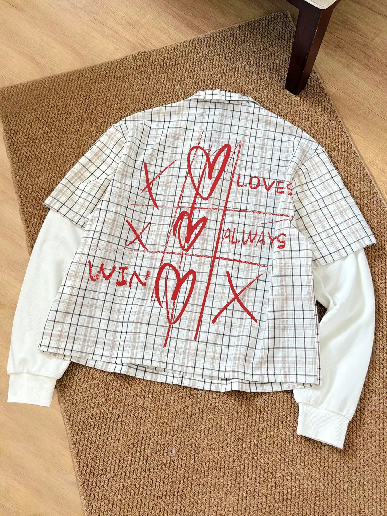 Y2K Style Unisex Layered Plaid Shirt, "Love Always Wins" Graffiti Design, Short Sleeve Over Long Sleeve Top For Casual Outings & Street Fashion