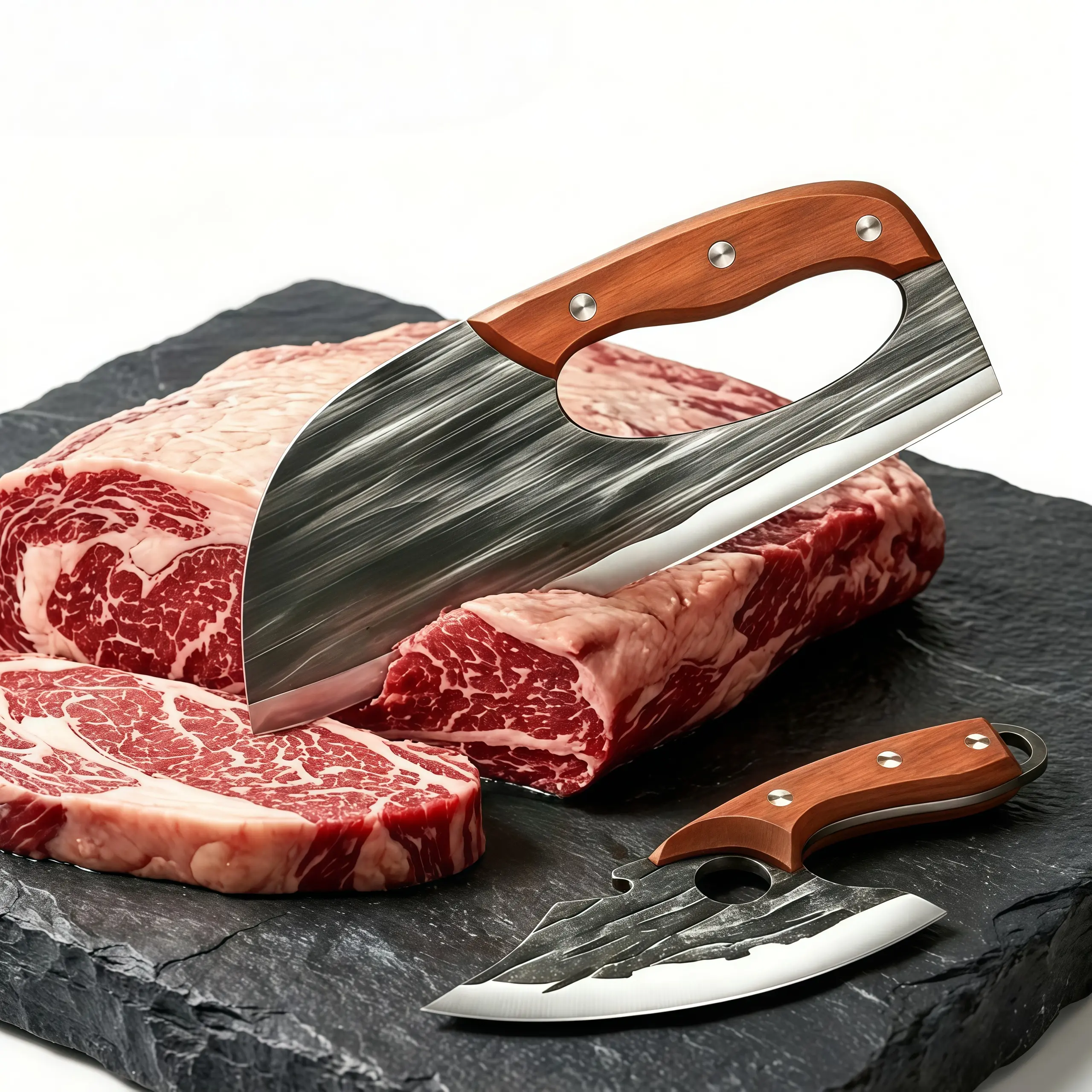 2Pcs High Carbon Steel Kitchen Knife Set, Hand Forged Viking Butcher Cleaver & Chef Slicing Knife, Full Tang Wood Handle for Home Cooking, BBQ, Camping & Gifting