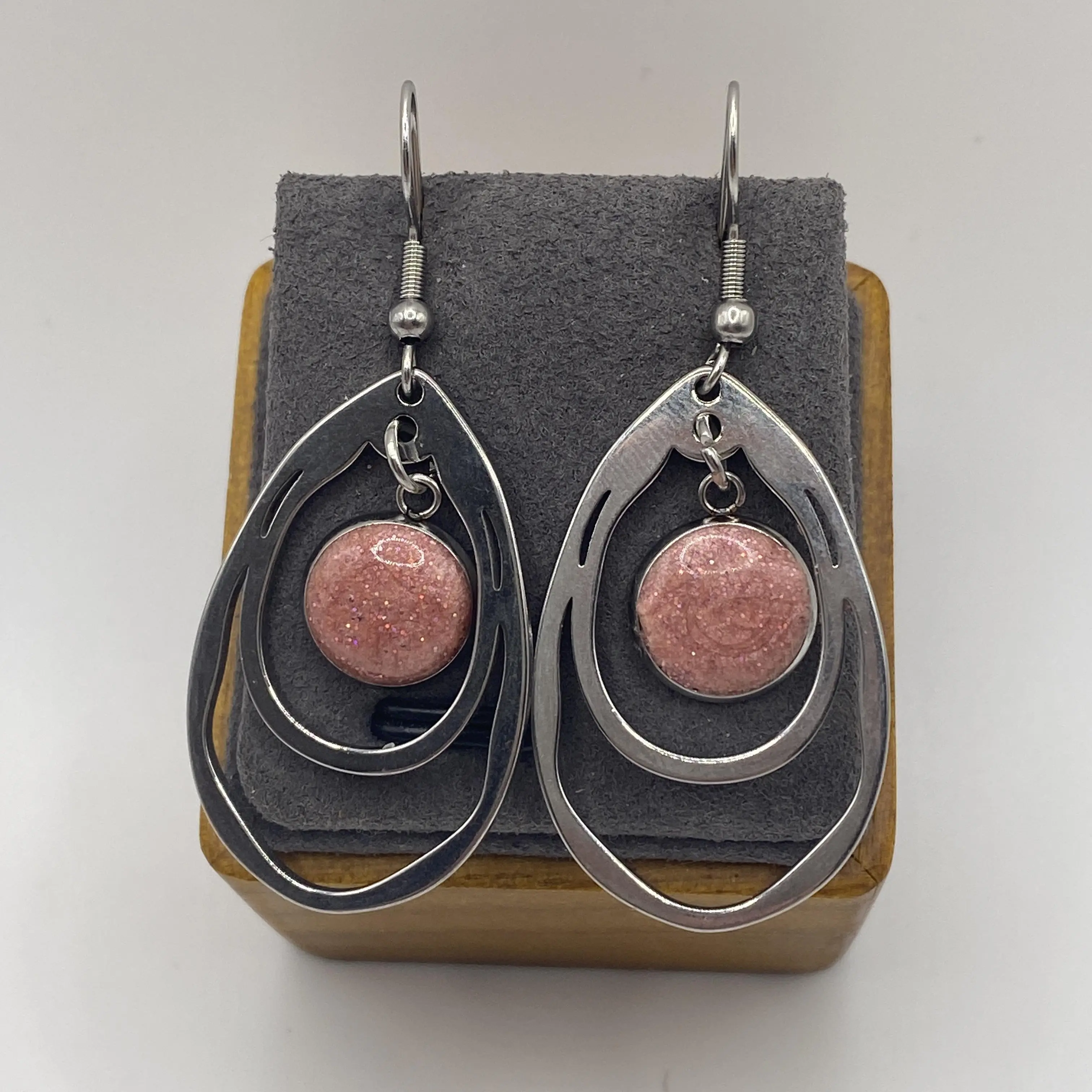 Dangle Fish-Hook Earrings with Sparkly Mauve Inlay