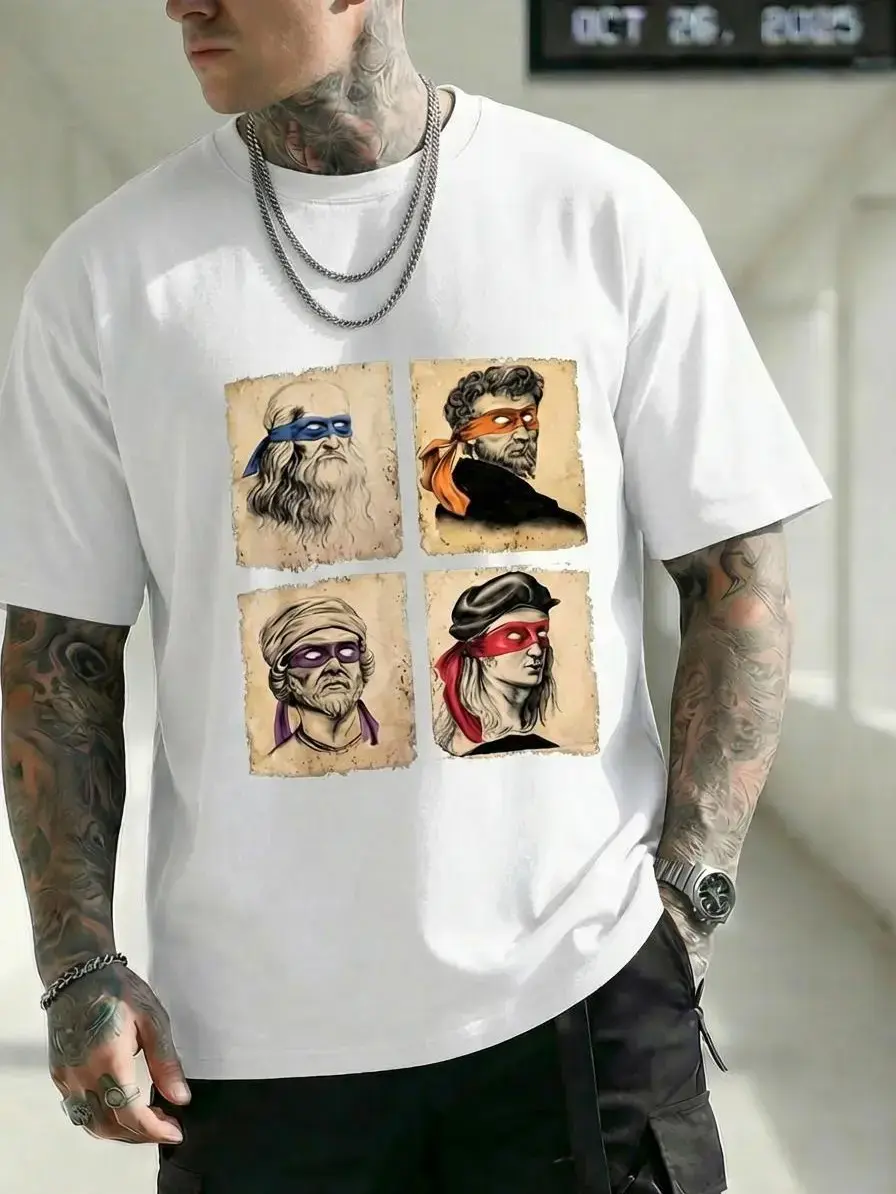Men's Short-Sleeve Funny Renaissance Artists Ninja Turtles Graphic T-Shirt, Menswear Top, Retro Art History Meme Tee, High Streetwear Casual Black Shirt for Men