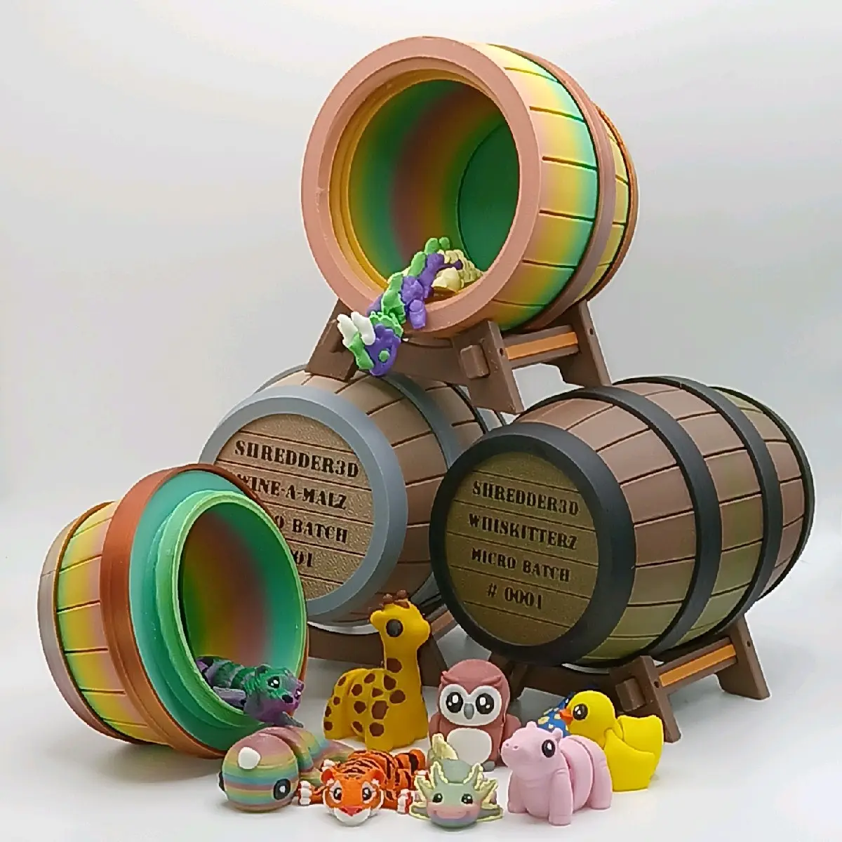 Micro Mini Animal Pocket Friends Optional  Barrel Pack Fidgety 3d Printed Figurines Desk Decor  Whiskey Rum & Wine Keg. Gift Shelf Articulated