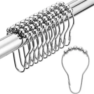 Silver 12pcs Metallic Stainless Steel Shower Curtain Hooks, Decorative Double Rust-Resistant Hooks for Bathroom Shower Curtains & Rods
