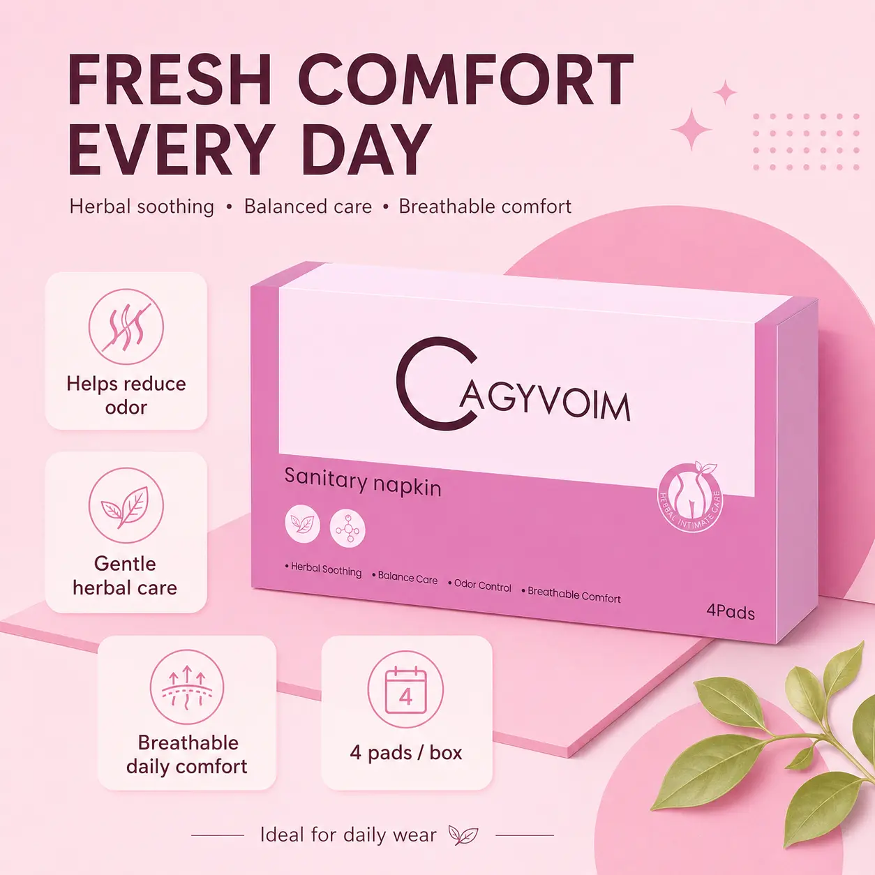 【CAGYVOIM】 Herbal Intimate Pads 4-Pack Buy 1 Get 1 Free (8 Pads Total)8 Plant Extracts, Gentle Daily Care, pH Balance & Fresh Feel