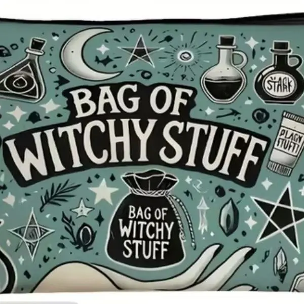 Bag of Witchy Stuff Makeup Bag with Moon, Stars, and Bottles Design