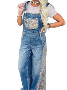 Women's Floral Patchwork Denim Overalls, Wide Leg Bib Dungarees with Side Floral Trim, Casual Retro High Waisted Jean Jumpsuit for Festival & Daily Wear