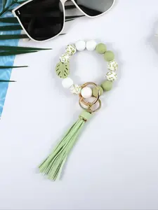Cute Leaf & Tassel Design Bracelet Keychain, Trendy Novelty Beaded Key Holder & Key Fob for Car Key, All-match Chic Keychain As Gift, Exquisite Gift
