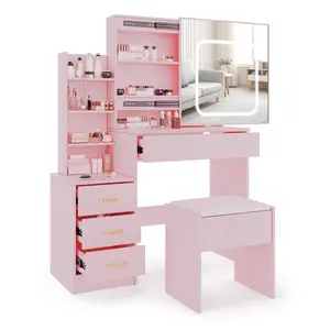 LED Vanity Desk with Sliding Mirror – Makeup Table with Power Outlet, 4 Drawers & 3-Color Lighting